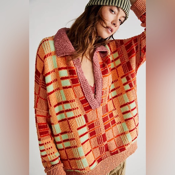 Free People Sweaters - Free people Reuben sweater Orange Red Green Plaid Collar Sweater retro grandma